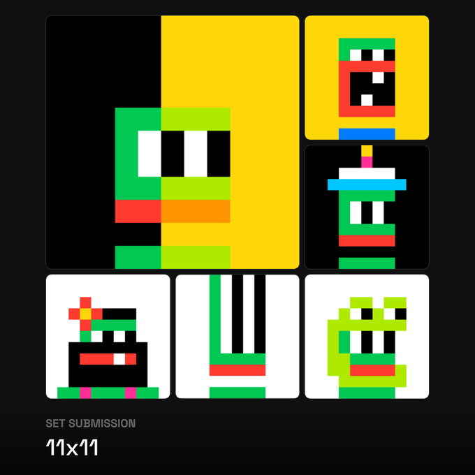 The image displays a collaborative 11x11 pixel art collage featuring six small, colorful cartoon characters and creatures rendered in blocky pixel style, with the text "SET SUBMISSION" and "11x11" visible at the bottom. The "11x11" designation refers to the artistic constraint of the collaborative submission, where each of the 42 co-creators, including the artist Jack, contributed an 11x11 pixel tile to form the larger interconnected composition.