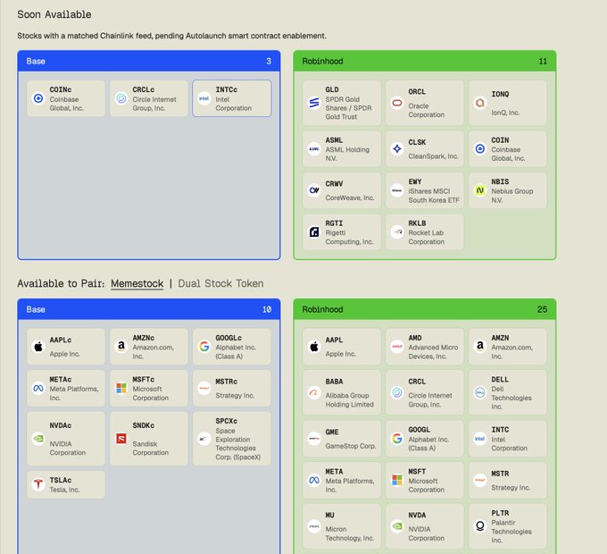A dashboard showing stocks 'Soon Available' and 'Available to Pair: Memestock | Dual Stock Token' on Base and Robinhood chains, including tickers like COINc, CRCLc, INTCc, GLD, ORCL, IONQ, ASML, CLSK, AAPLc, GOOGLc, METAc, MSFTc, MSTRc, NVDAd, SNDKc, SPCXc, TSLAc, and many others.