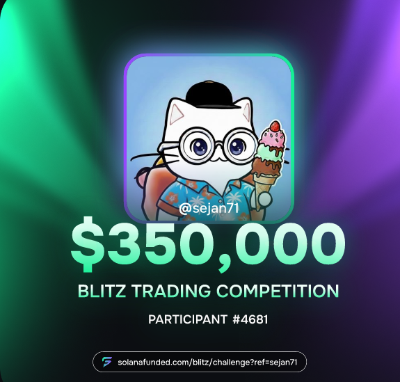 The image features a poster for a trading competition with a cat character holding an ice cream cone as its prize. The poster includes text that reads "new campin live on @solanafunded reward pool $350,000 Blitz use code my 35% off max 1k user :SEJAN35". This suggests that the competition is open to anyone who participates and offers a chance for users to win an ice cream cone as their prize. The poster also mentions a specific hashtag (#solar funded) and a website address (www.solandfundedcom/challenge/referee7).