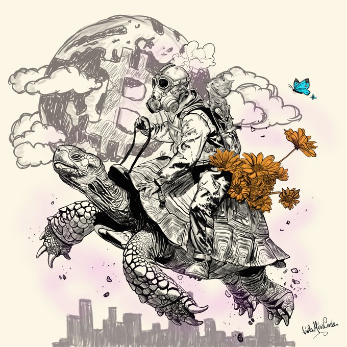 An illustrated artwork depicts a person wearing a gas mask and hazmat suit riding a large turtle through the clouds, holding orange flowers, with a city skyline visible below.