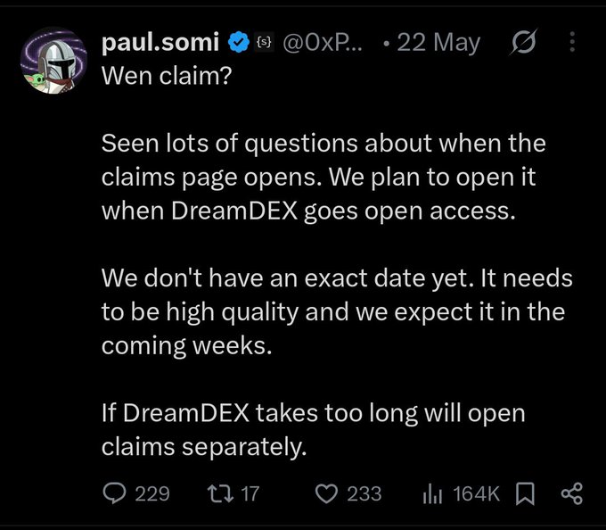 A tweet from paul.somi (@0xP...) dated 22 May titled 'Wen claim?' explains plans to open the claims page when DreamDEX goes open access, noting it will open separately if DreamDEX takes too long.