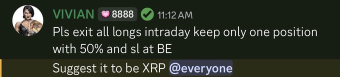 The image shows a Discord message from user "VIVIAN" with the "8888" badge, sent at 11:12 AM, instructing members to exit all long intraday positions and keep only one position at 50% size with a stop loss at break-even, specifically suggesting XRP as the holding. This aligns with the accompanying post's strategy of exiting most long positions and riding a single position, with alts like XRP expected to perform well in the next move from 64-72k.