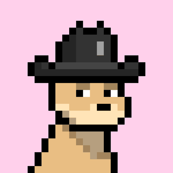 A pixel art image of a doginal dog wearing a black fedora hat, shown against a pink background. The image represents Doginal Dog #8567 from the sale listed in the post.