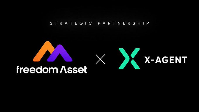 A black banner titled "STRATEGIC PARTNERSHIP" displays the Freedom Asset logo (a colorful purple and orange "M" shape) alongside the X-AGENT logo (a green "X" symbol), visually announcing their collaboration to explore opportunities in the AI Agent and real-world asset (RWA) economies.