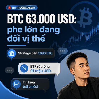 The image is a Vietnamese-language crypto market alert graphic titled "BTC 63.000 USD: phe lớn đang đổi vị thế" (meaning "BTC 63,000 USD: major players are changing positions"), featuring a man in a black shirt alongside a Bitcoin logo and chart. Key highlighted points include "Strategy bán 1.690 BTC" (Strategy sold 1,690 BTC), "ETF rút ròng 91 triệu USD" (net ETF outflow of $91 million), and "Tín hiệu trái chiều" (mixed signals). The graphic visually summarizes the post's key data points—Strategy's BTC sale, ETF outflows of $91M, and mixed market sentiment around Bitcoin's 63,000 USD price level.