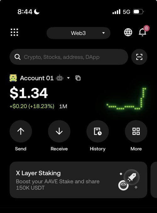 A screenshot of a cryptocurrency wallet app on a smartphone showing a balance of $1.34 (+$0.20, +18.23%) for 'Account 01' with an X Layer Staking promotion visible.