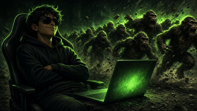 A digital illustration depicts a cool young man wearing sunglasses and a black hoodie, sitting in a gaming chair with a laptop displaying a glowing green screen, while an army of menacing apes approaches from behind.