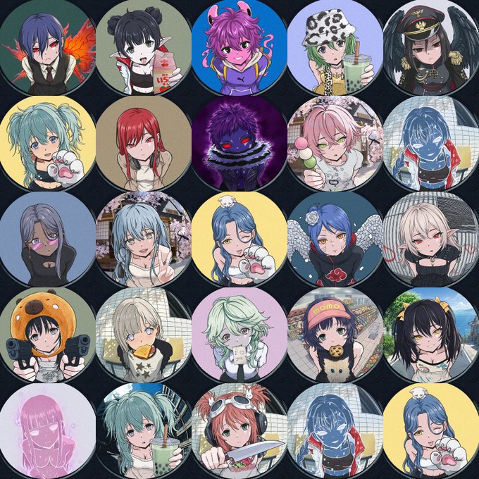 A grid of 25 circular anime-style character illustrations featuring diverse designs with various hair colors, accessories, and outfits against colorful backgrounds, with one visible "HOME" text on a cap. The image showcases the layered trait system referenced in the post, displaying how base character designs are combined with accessories like weapons, headwear, and clothing elements to create unique variations within the collection.