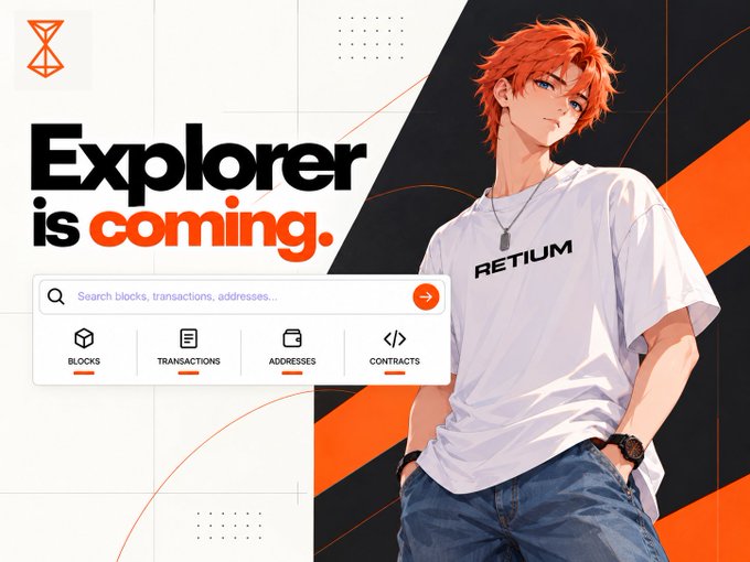 Promotional graphic stating 'Explorer is coming' for the RETIUM blockchain, showing an anime-style red-haired character alongside search features for blocks, transactions, addresses, and contracts.