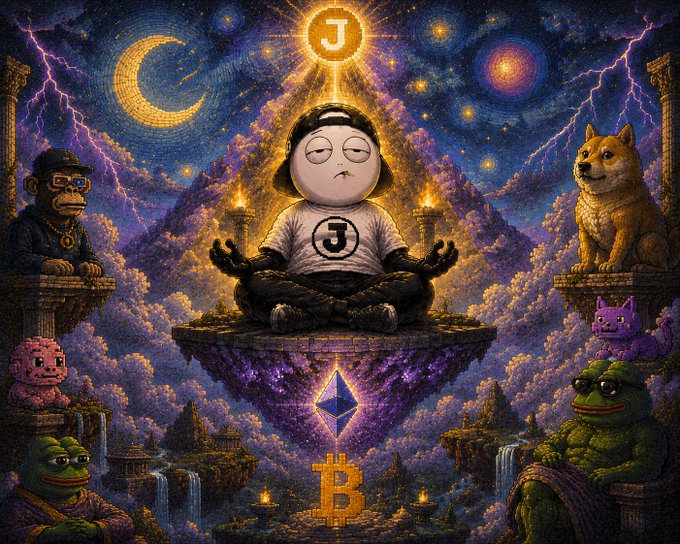 A cosmic, psychedelic illustration depicts a meditating cartoon figure wearing a t-shirt with the J-up logo, surrounded by crypto mascots including a Shiba Inu, Pepe, Moon, and a Bored Ape, with Bitcoin and Ethereum symbols set against a starry, mountainous backdrop.