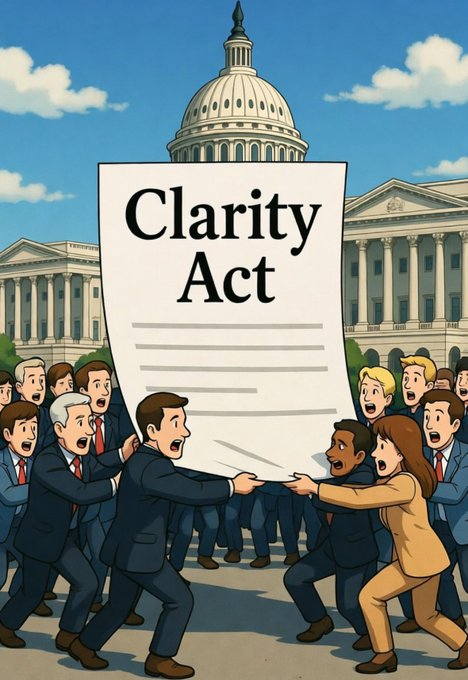 A cartoon-style illustration shows politicians and citizens in a tug-of-war over a large document labeled 'Clarity Act' in front of the U.S. Capitol building.
