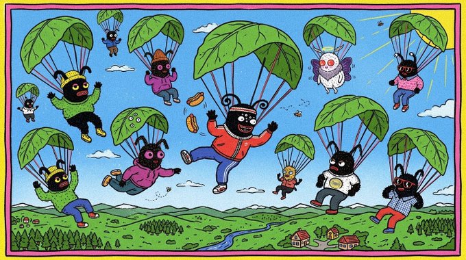 A colorful, whimsical illustration of various cartoon characters parachuting down from the sky using green leaf parachutes over a landscape with trees, houses, and a sun in the corner.