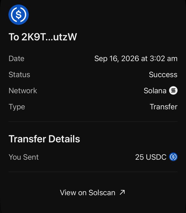 A transaction confirmation showing 25 USDC successfully transferred on the Solana network to address "2K9T...utzW" on September 16, 2026, likely serving as proof of payment for the giveaway winner announcement.