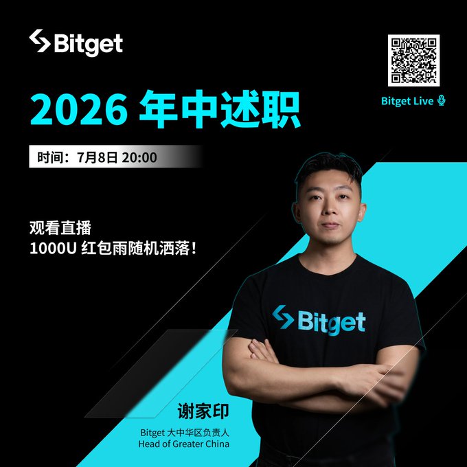 A promotional poster for a Bitget 2026 mid-year report livestream featuring Greater China Head Xie Jia Yin, scheduled for July 8 at 20:00, offering a 1000U red envelope rain during the broadcast.