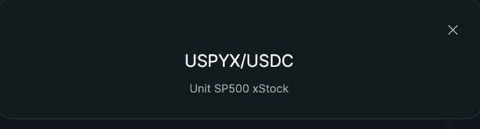 The image shows a dark interface displaying the trading pair "USPYX/USDC" with the subtitle "Unit SP500 xStock," representing a tokenized S&P 500 product on Hyperliquid's spot market. This aligns with the post's mention of Unit potentially deploying spot indices in collaboration with xStock, highlighting the launch of their SPY-like asset available for trading against USDC.