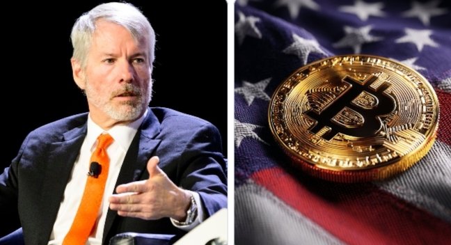 A side-by-side image features Michael Saylor, the MicroStrategy executive and prominent Bitcoin advocate, speaking on the left, paired with a close-up of a physical gold Bitcoin token resting on an American flag on the right. The composition visually reinforces Saylor's well-known stance on Bitcoin as a decentralized, always-available alternative to traditional finance, complementing the quote emphasizing Bitcoin's clarity and autonomy.