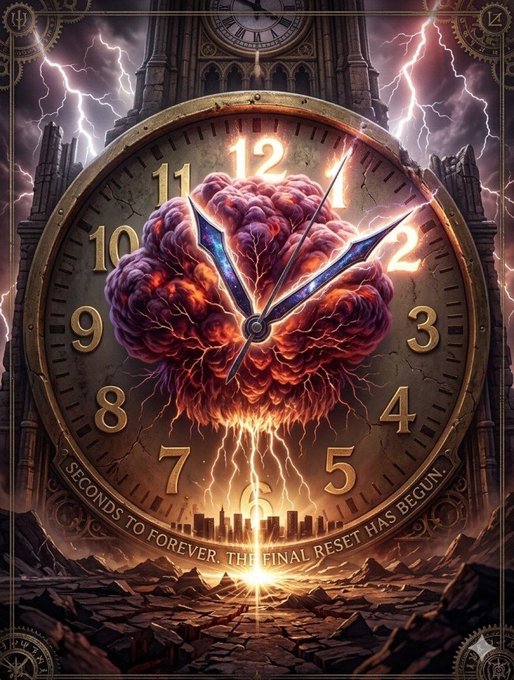 The image features a large clock with a red explosion happening inside of it, surrounded by a cityscape. The clock hands are pointing at 12:00, indicating that it's either 12:00 or 2:00 AM depending on the viewer's perspective. The background shows a city skyline and a stormy sky, creating an atmosphere of chaos and uncertainty. The post includes text about the global financial shift and the importance of securing one's future.