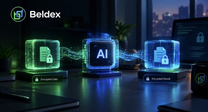 A promotional image for 'Beldex' displaying three holographic cubes on a desk labeled 'Encrypted Data', 'AI', and 'Encrypted Result', illustrating secure AI processing.