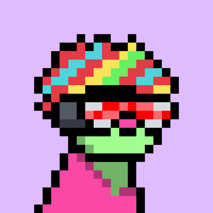 A pixel art portrait of a person with a colorful afro (red, yellow, green, blue) and green skin, set against a soft purple and pink gradient background.