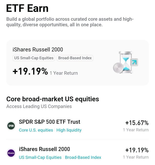 An ETF Earn investment screen displaying iShares Russell 2000 at +19.19% 1 Year Return, SPDR S&P 500 ETF Trust at +15.67%, with descriptions of US small-cap and core equities.