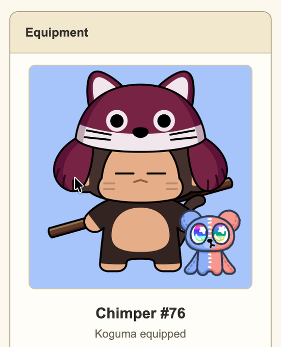 A character equipment screen showing 'Chimper #76' wearing a purple cat-ear hat and brown outfit, with the label 'Koguma equipped' below.