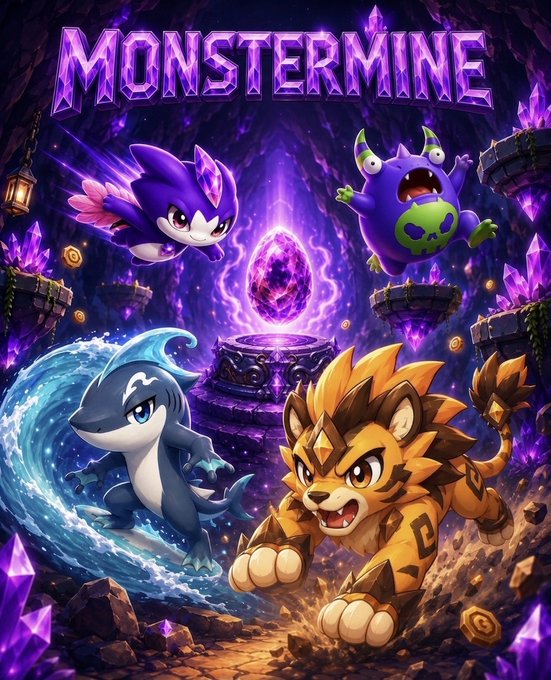 Video game cover art for 'MONSTERMINE' featuring four cartoon-style monster characters—a purple flying creature, a green horned monster, a blue water shark, and an orange tiger warrior—surrounding a glowing purple crystal in a cave.