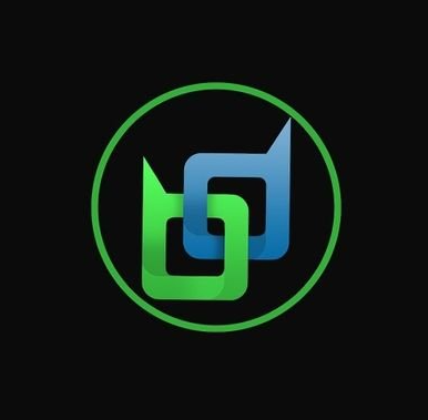 A simple logo featuring interlocking green and blue geometric shapes inside a green circle, displayed on a black background.