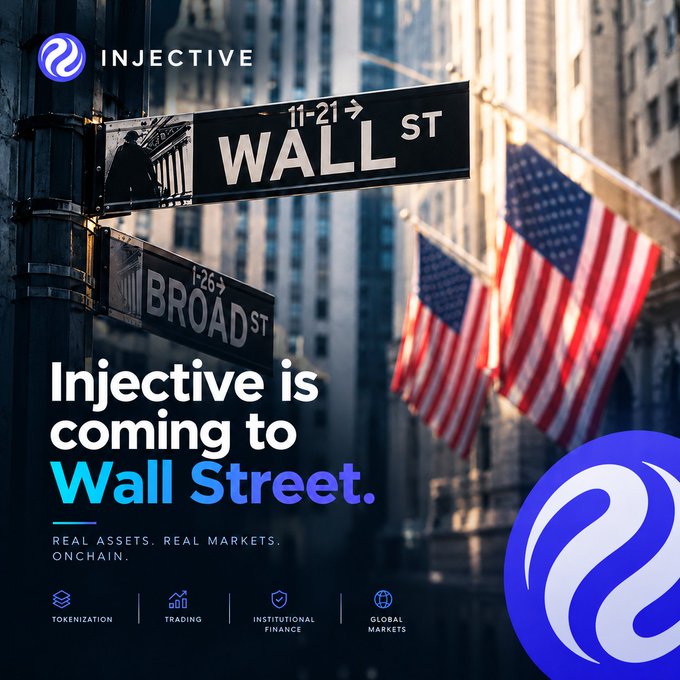 An Injective promotional graphic featuring Wall Street signs and American flags, with the text 'Injective is coming to Wall Street' and highlighting Tokenization, Trading, Institutional Finance, and Global Markets.