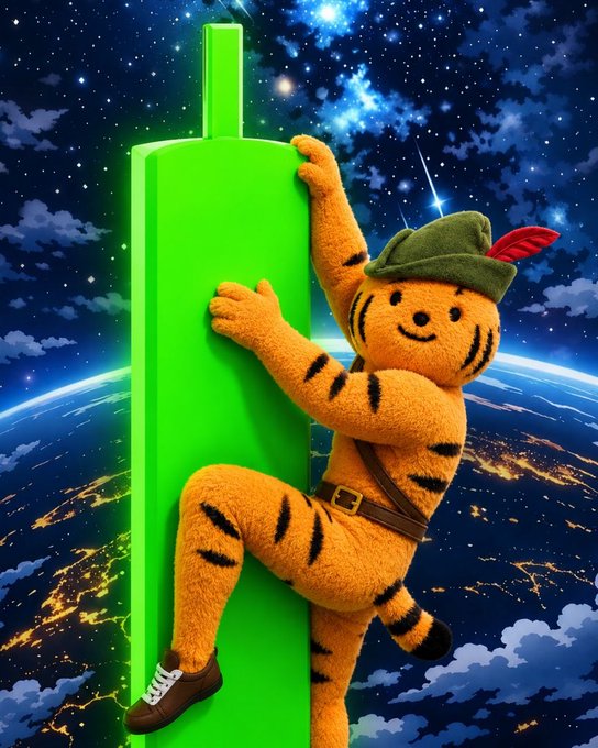 A fuzzy orange tiger-like character wearing a green Robinhood-style cap with a red feather climbs a giant green vertical bar against a cosmic Earth backdrop, humorously personifying the "Cheeto on Robinhood" reference by depicting the orange mascot scaling the platform's signature green pillar.