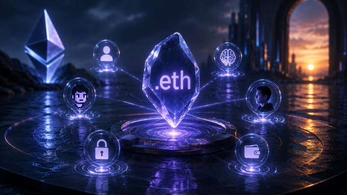 A digital artwork featuring a glowing blue crystal labeled '.eth' surrounded by floating icons representing user profiles, AI, security, and finance.