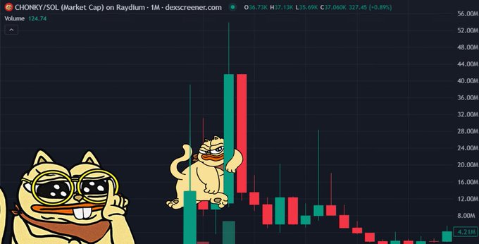 CHONKY/SOL market cap chart on Raydium showing $36.73K with +35.69% gain, decorated with cartoon cat mascots including one wearing oversized sunglasses.