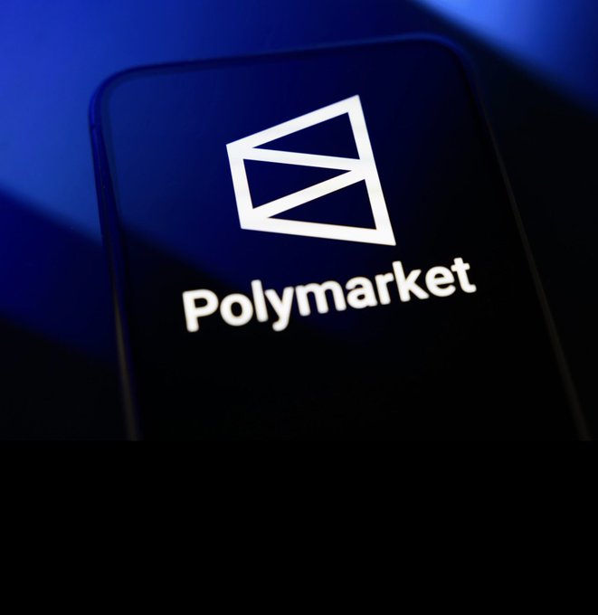 The Polymarket logo displayed on a smartphone screen against a dark blue background.