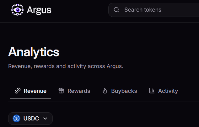 A dark-themed analytics dashboard for 'Argus' showing tabs for 'Revenue', 'Rewards', 'Buybacks', and 'Activity', with a 'USDC' currency selector at the bottom.