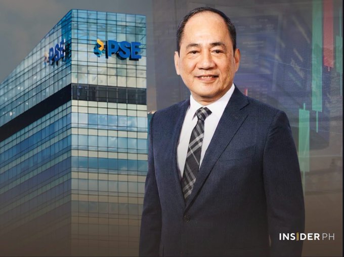 A smiling man in a dark suit and checkered tie poses in front of the Philippine Stock Exchange (PSE) building, with stock ticker graphics displayed in the background and the "INSIDER PH" watermark in the corner, illustrating the story about the PSE's ETF market expansion to include global stocks, bonds, and crypto.