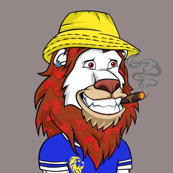 A digital illustration of a red-maned lion character wearing a yellow bucket hat, smoking a cigar, and wearing a blue and white jersey with a lion crest.