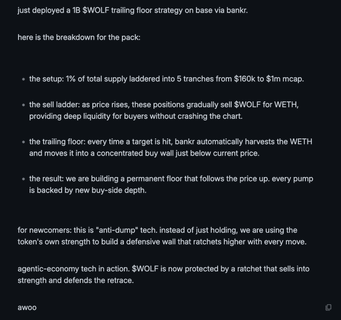 The image is a text breakdown explaining a "trailing floor strategy" deployed for $WOLF via Bankr on Base, detailing the setup of 1% of total supply laddered into 5 tranches ($160k to $1m mcap), the sell ladder mechanics, the trailing floor buy wall, and how the result creates a permanent ratcheting floor for the token.