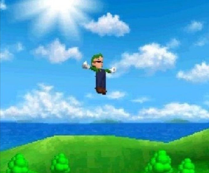 The image features a character from the video game Super Mario Bros. wearing sunglasses, flying through the air over a green hill with trees below. The sky above them has clouds, adding to the overall atmosphere of the scene. The text ""[hyper_liquid]", which is likely a reference to the game's title or a promotional tagline, is also present in the image.