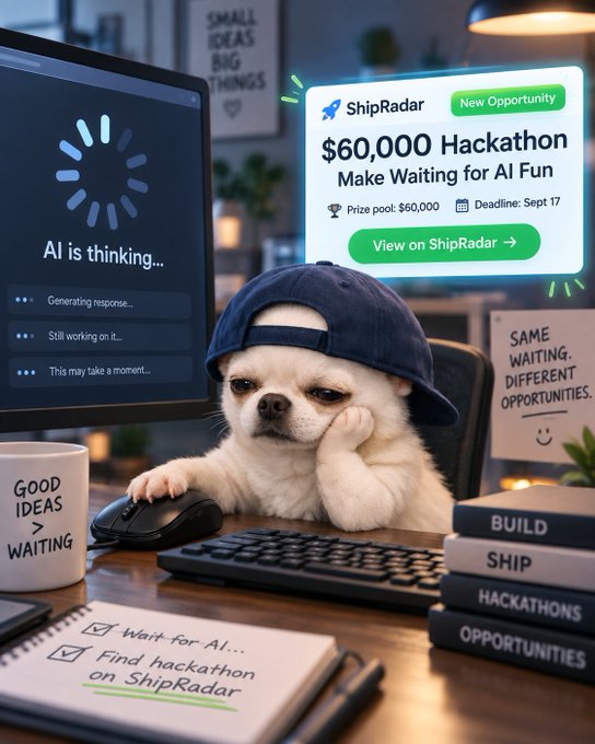 A promotional image showing a dog wearing a backward cap sitting at a computer with 'AI is thinking...' on the monitor, advertising a '$60,000 Hackathon' on ShipRadar with a deadline of Sept 17.