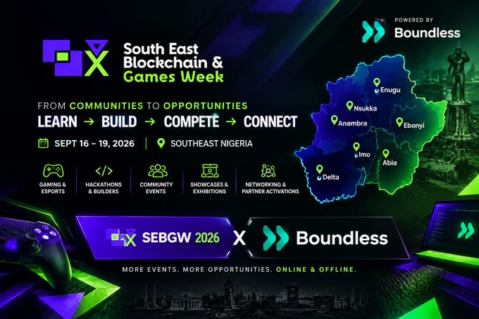 A promotional banner for the 'South East Blockchain & Games Week (SEBGW 2026)' powered by Boundless, taking place September 16-19, 2026, in Southeast Nigeria, highlighting activities like gaming, hackathons, and networking.
