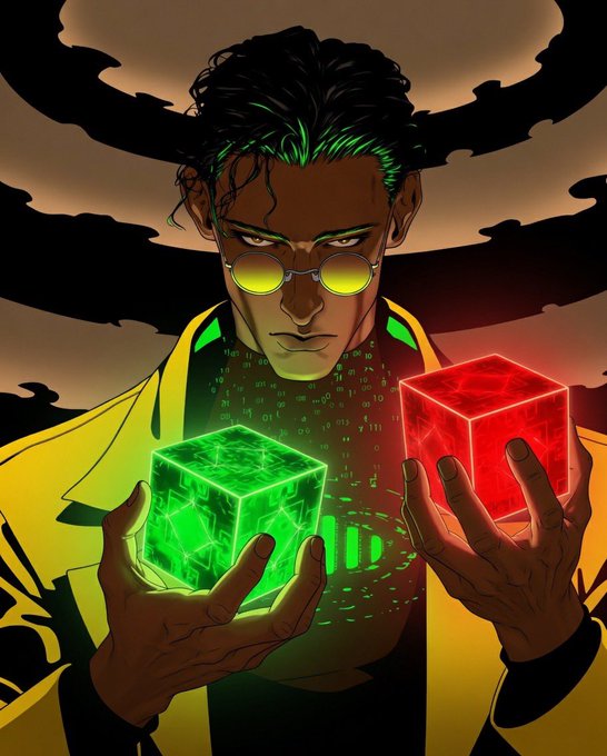 The image features an illustration of a man with green hair wearing glasses, holding two cubes that are glowing with neon colors. The man appears to be dressed in a yellow suit or jacket, which contrasts with his green hair. The background of the image is dark and filled with black shapes, giving it a mysterious atmosphere. The post seems to be related to a comic book series called "Epileptic Cult", as indicated by the caption provided.