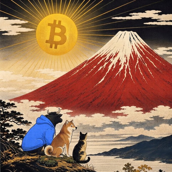 A Shiba Inu, a bull, and a calico cat sit atop a cliff in a traditional Japanese ukiyo-e style, gazing at Mount Fuji beneath a radiant sun bearing the Bitcoin (₿) symbol—evoking a serene, long-term perspective on the crypto market.

The image echoes the post's "zoom out" mantra by replacing Bitcoin's typical lunar targets with a distant, timeless horizon, suggesting that the current journey is still early.