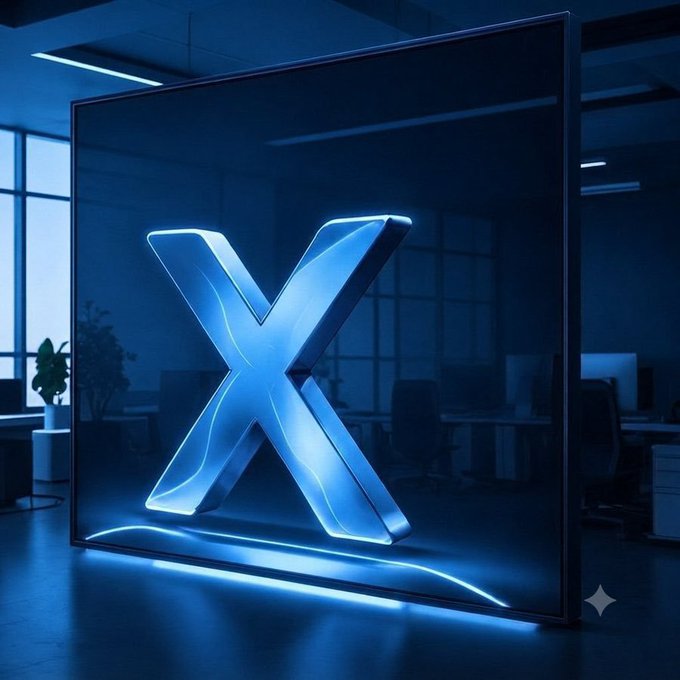 A glowing blue 3D 'X' logo is displayed on a framed screen in a modern office setting.