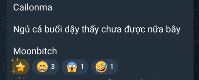 A chat message from 'Cailonma' reading 'Ngủ cả buổi dậy thấy chưa được nửa bày', with a reply from 'Moonbitch' containing star and laughing emoji reactions.