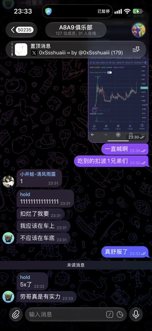 A screenshot of a Chinese messaging app chat in group 'A8A9俱乐部' at 23:33, showing messages discussing cryptocurrency with a stock chart image shared and conversation about leverage trading ('杠杆').