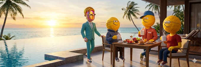 The image depicts a luxurious oceanfront scene at sunset where three yellow emoji-headed characters enjoy drinks and fruit at a table, while a gold-faced character in a teal suit approaches them. The setting—an upscale tropical resort with an infinity pool and palm trees—visually reinforces the post's message about consistent growth and making strategic moves, symbolizing success and prosperity in the NFT space.