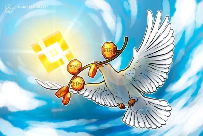 A white dove flies through a blue sky carrying golden coin-shaped 'ETFs' in its beak near a glowing Binance logo, with 'COINTELEGRAPH' watermark in the corner.