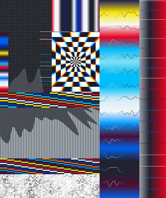 A digital test pattern featuring various visual distortions including color bars, checkered grids, wavy lines, and optical illusions.