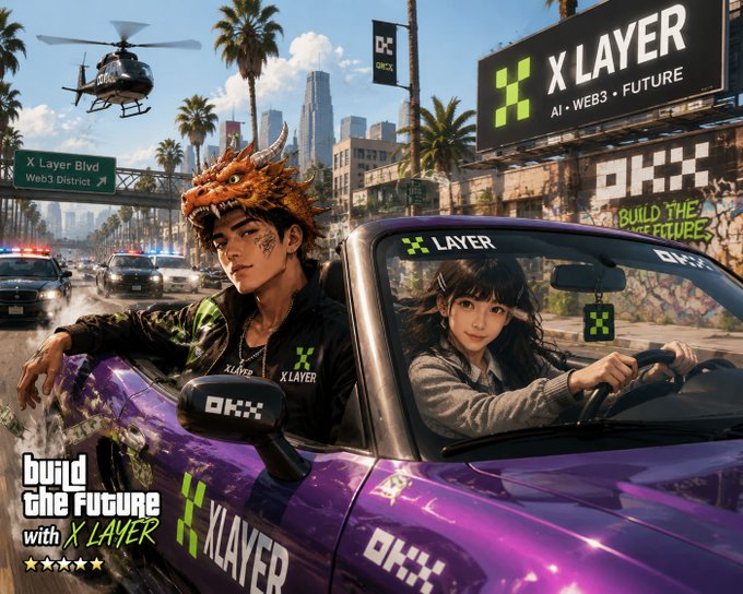 The image depicts a vibrant, futuristic cityscape scene featuring two stylized characters—a dragon-horned figure and a driver—in a purple car branded with "X LAYER" and "OKX" logos, set against billboards reading "X LAYER · AI · WEB3 · FUTURE" and "BUILD THE FUTURE."

The post celebrates XLayer's rapid rise to over 80% of all-chain trading volume and surpassing Ethereum and Solana, which the image visually reinforces through its bold "Build the Future with X Layer" branding and depiction of XLayer dominating a dynamic, forward-looking Web3 landscape.