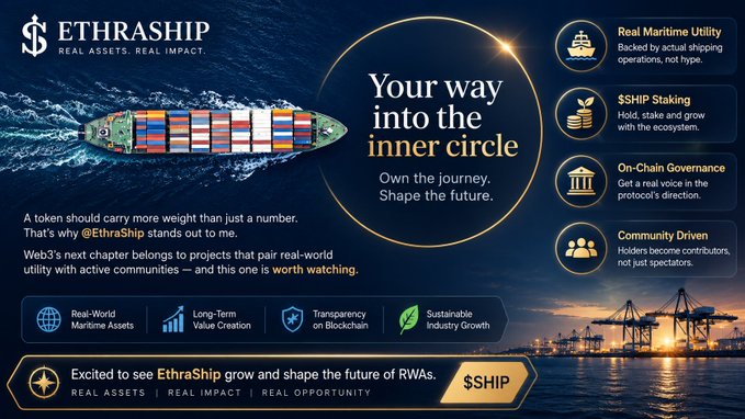 Promotional graphic for 'ETHRASHIP' token ($SHIP), a real-asset crypto project featuring a cargo ship, maritime utility icons, and tagline 'Your way into the inner circle'.