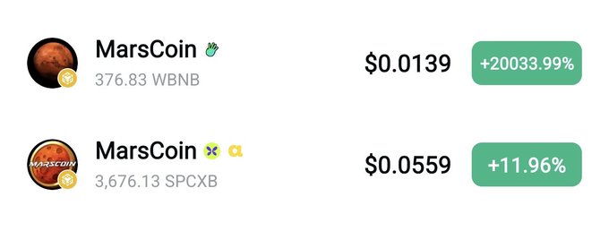 A token listing showing "MarsCoin" priced at $0.0139 with +20033.99% and another "MarsCoin" at $0.0559 with +11.96%, both paired with WBNB and SPCXB.